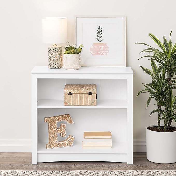 Prepac Sonoma 2-Tier Bookcase 29"H with 1 Adjustable Shelf, White Storage Cabinet, Modern Display Cabinet, Bookshelf with Storage Shelves for Home Office, Living Room, Bedroom Organizer