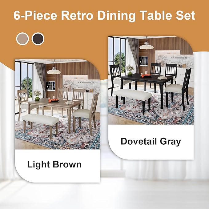 Merax 6-Piece Retro Dining Table Set, 6 Seats Wooden Rectangular Table, with 4 Chairs & 1 Bench for Kitchen Room, Classic Furniture, Dovetall Grey