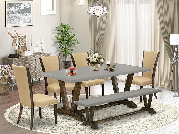 East West Furniture V797VE703-6 6 Piece Dining Table Set Contains a Rectangle Dining Room Table with V-Legs and 4 Brown Linen Fabric Parson Chairs with a Bench, 40x72 Inch, Multi-Color