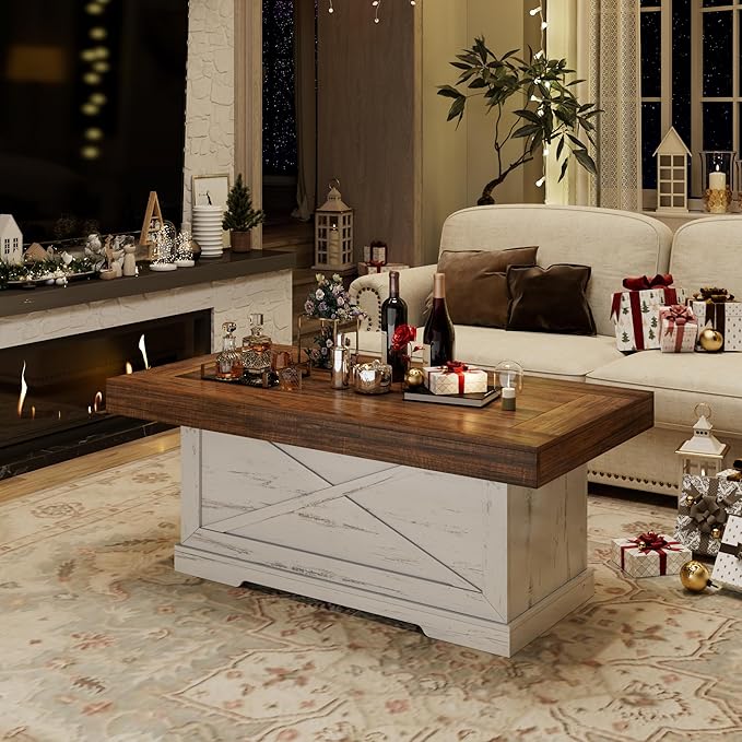 Coffee Table 39 in Farmhouse Center Table with X-Design Wooden Pedestal for Living Room, Space Saving, Easy Assembly Rectangle Home Office Tea Accent Table for Apartment, Antique White Walnut