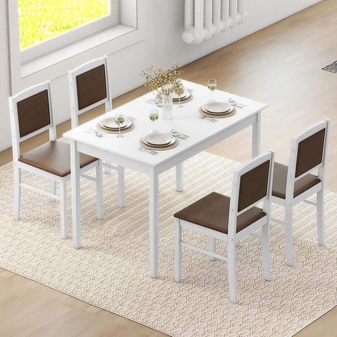 Giantex 5-Piece Dining Table Set for 4 - Breakfast Nook Table Set with Kitchen Table, 4 Upholstered Chairs, Wood Legs, Space-Saving Dinette Set, Kitchen Table Chairs Set of 4 (White+Brown)