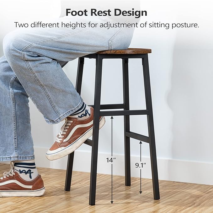 Bar Stools, Set of 2 Round Bar Chairs with Footrest, 24.4 Inch Kitchen Breakfast Bar Stools, Industrial Bar Stools, Easy Assembly, for Dining Room, Kitchen, Rustic Brown BAHR0201Z