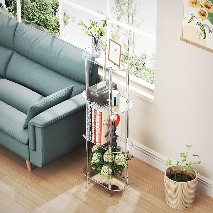 Clear Acrylic Narrow Side Table for Small Spaces, 15.75" L x 7.87" W x 38.7" H, 4 Tier Oval Slim End Table Nightstand, Small Minimalist Skinny Bedside Table for Bedroom, Bathroom, Living Room