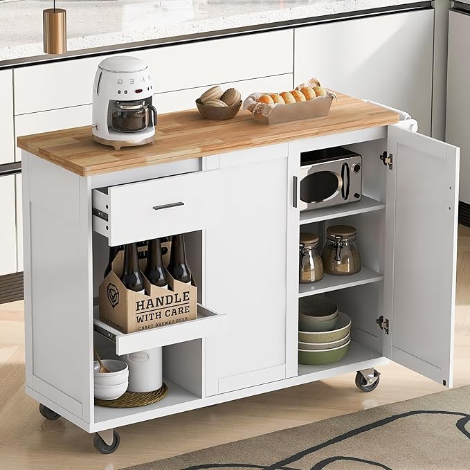 49" Foldable Kitchen Island Cart, White with Slide-Out Shelf, Towel Rack & Drawer, Rolling on Wheels, for Living & Dining Rooms