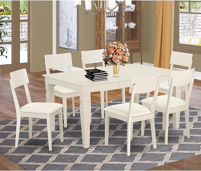 East West Furniture WEAD7-LWH-LC 7 Piece Dining Set Consist of a Rectangle Dining Room Table with Butterfly Leaf and 6 Faux Leather Upholstered Chairs, 42x60 Inch, Linen White