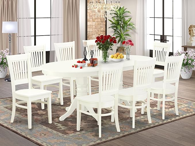 East West Furniture VAVA9-LWH-W 9 Piece Dining Room Table Set Includes an Oval Kitchen Table with Butterfly Leaf and 8 Dining Chairs, 40x76 Inch, Linen White