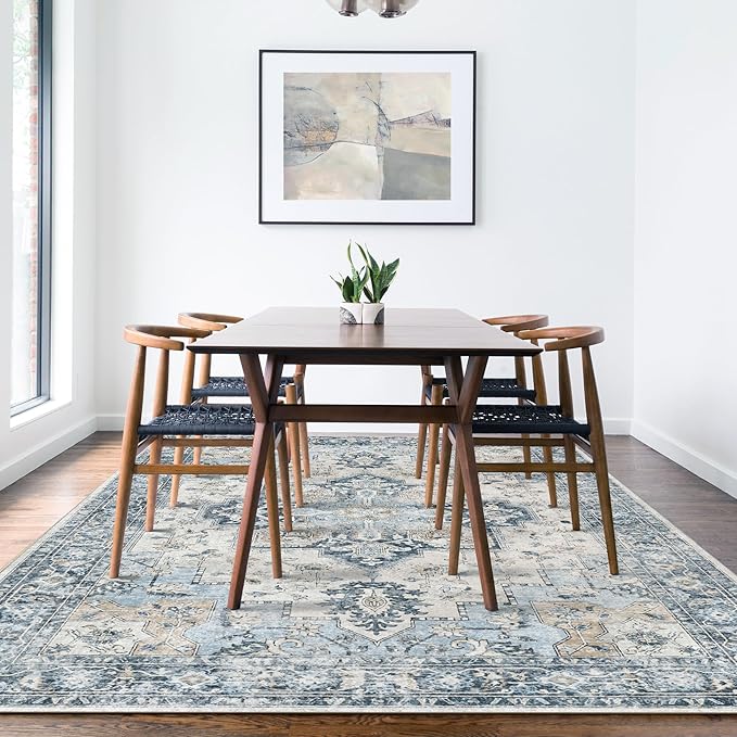 GENIMO 6x9 Area Rugs for Living Room, Non Slip Machine Washable Rugs, Low Pile Chenille Print Rug for Bedroom, Dining Room, Home Office, Blue