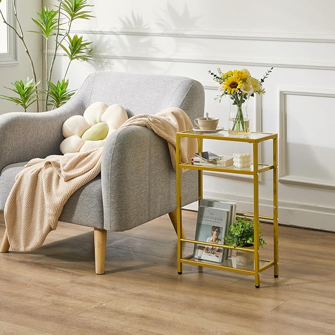 IBUYKE Glass End Table for Small Space, Narrow Side Tables with Storage Shelf, Bedside Table Slim Nightstand with Magazine Holder, for Living Room Home Office, Clear Gold UTMZ002G