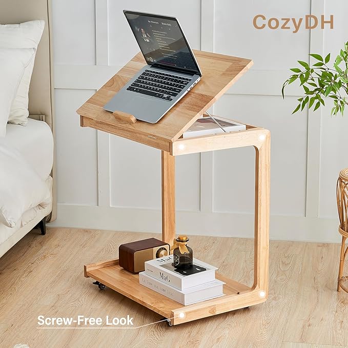 CozyDH Adjustable C Shaped End Table, Solid Wood Rolling Side Table, TV Sofa Tray Table for Couch Arm Eating Multi-Purpose, Small Coffee Table with Wheels Living Room Bedroom, Natural
