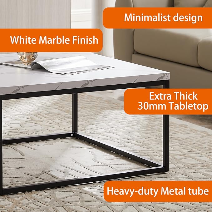 CENSI 30"x30" Marble Accent Coffee Table Ottoman for Living Room, Modern Industrial Style, 1.2" Extra Thick Tabletop (White Marble)