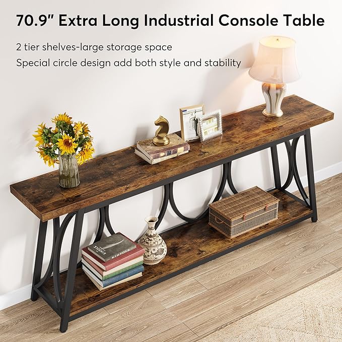 Tribesigns 70.9 inch Extra Long Console Table, Industrial Sofa Table Behind Couch with 2 Tier Storage Shelf, Narrow Entryway Hallway Accent Table for Living Room, Rustic Brown
