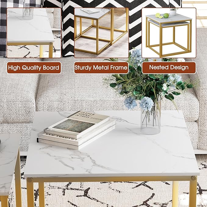 Garden 4 you Coffee Table Set of 2, Modern Engineered Wood Nesting Table, Metal Frame Square Center Table Set, Side Tables, Nesting Coffee Table for Living Room, Bedroom and Small Spaces, 19.7in Gold