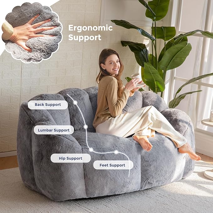 MAXYOYO Bean Bag Chair for Adults, Loveseat Floral Shaped Bean Bag Sofa, Ultra Soft Love Seat Mini Sofa Couch, Faux Fur Reading Chair for Living Room Bedroom, Dark Grey