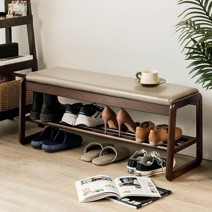 Shoe Bench, Entryway Bench with Leather Cushion, Solid Wood Shoe Rack, Mid Century Modern Bench, Shoe Storage, Shoe Organizer for Entryway (Grey, 39.4" W)