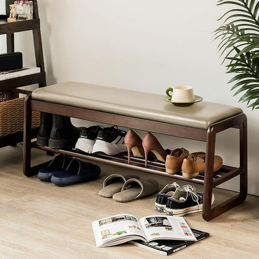 Shoe Bench, Entryway Bench with Leather Cushion, Solid Wood Shoe Rack, Mid Century Modern Bench, Shoe Storage, Shoe Organizer for Entryway (Grey, 39.4" W)