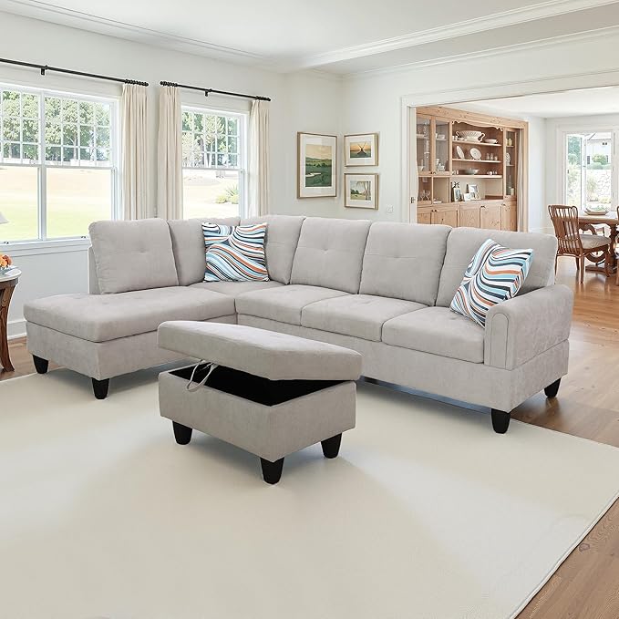 NicBex Sectional Couch 3 Pieces Sofa Set with Right Chaise Flannel L Shaped Cloud Couch for Living Room Furniture Sets with Storage Ottoman, Modular Sofa for Living Room & Apartment, Light Grey