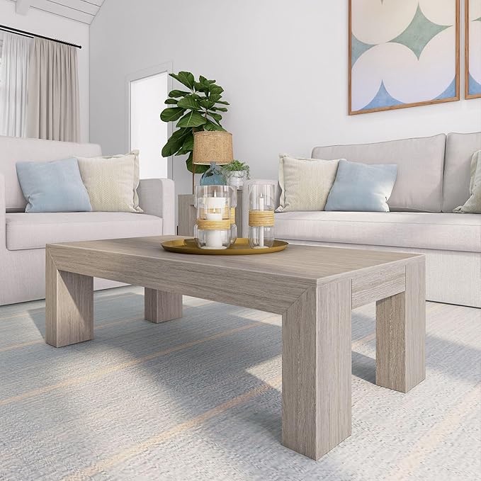 Plank+Beam Modern Rectangular Coffee Table, 48", Medium Sized Coffee Table, Center Tables for Small Spaces, Living Space Medium Tea Table, Seashell Wirebrush
