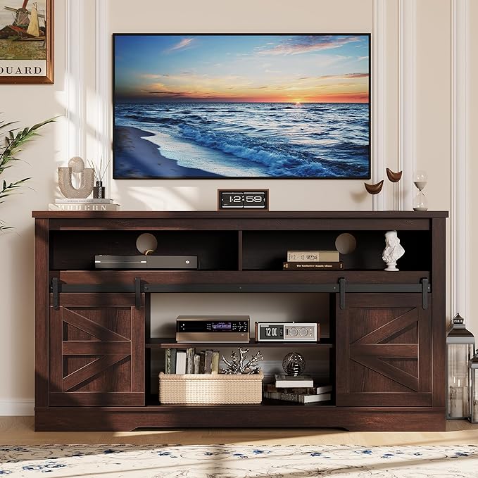YESHOMY Fireplace TV Stand for Television up to 65+ Inch with Storage and Farmhouse Sliding Barn Doors, Entertainment Center with Cabinet and Shelves, Media Console for Living Room, Dark Brown