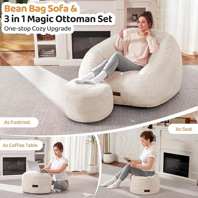 HABUTWAY Bean Bag Chair, Giant Bean Bag Chairs for Adults with Ottoman, Comfy Faux Fur Shell-Shaped Bean Bag Couch, Sofa Chair for Living Room, Bedroom, White
