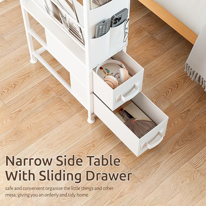 Small Narrow Side Tables for Small Spaces, Skinny Bedside End Table Nightstand with Drawers&Wheels, Slim Desk Stand Magazine Rack with Storage Bag for Sofa Living Room Couch Bedroom (White)