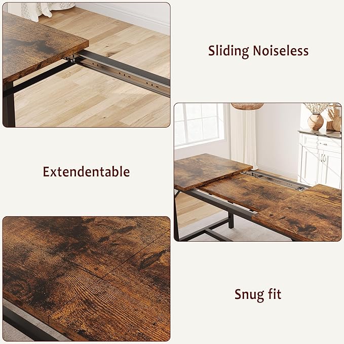 GarveeHome Dining Table Set for 4-6, 63" Extendable Wood Dining Room Table with Corner Protector & 2 Upholstered Benches, Kitchen Table Set for Apartment, Small Space, Easy Assembly, Retro Brown