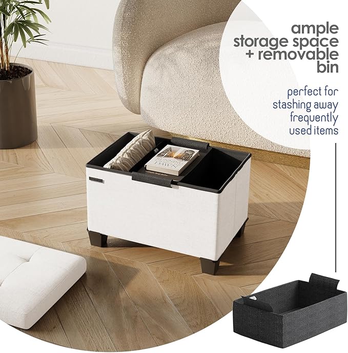 STORAGEBUD Storage Ottoman Cube with Small Bin, 16-in Square Ottoman with Storage for Living Room and Bedroom, Small Ottomans Foot Rest, Fabric Foot Stools Ottomans Max 330lbs, Cream