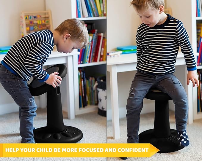 ActiveChairs Kids Wobble Chair, Flexible Elementary Classroom Seating, Improves Focus, Posture and Helps ADHD/ADD, Sensory Chair, Active Fidget Chairs, Pre-Teen 17.75" Stool, Ages 7-12, Black