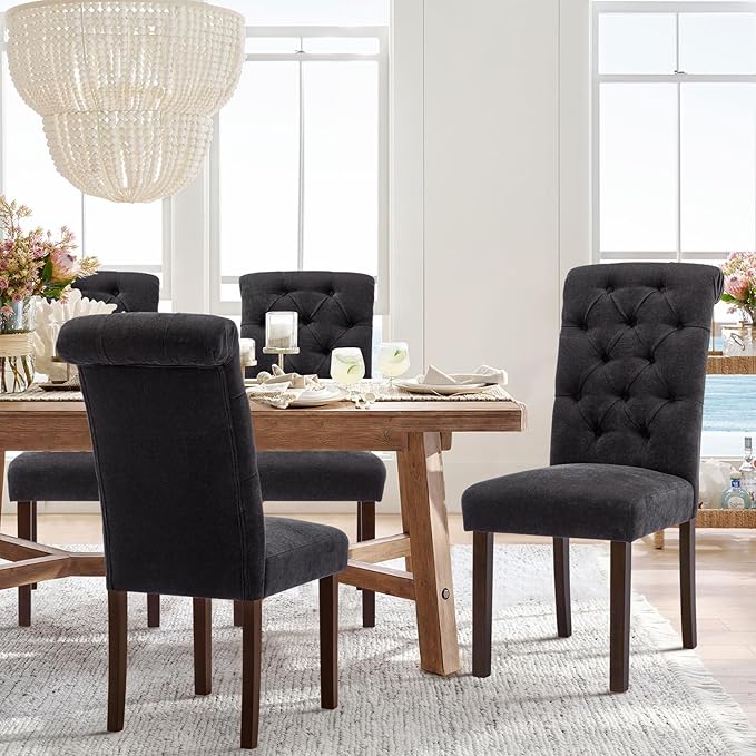COLAMY Button Tufted Dining Chairs Set of 2, Parsons Upholstered Fabric Dining Room Chairs Kitchen Chairs with Wood Legs and Padded Seat, Black