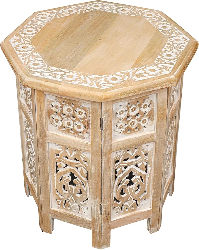 The Wooden Town Side Tables– Hand Carved Vintage Boho Folding End Tables for Living Room, Entryway, Living Room, Bedroom – No Tools Assembly, 18"x18" Octagon, White wash Finish