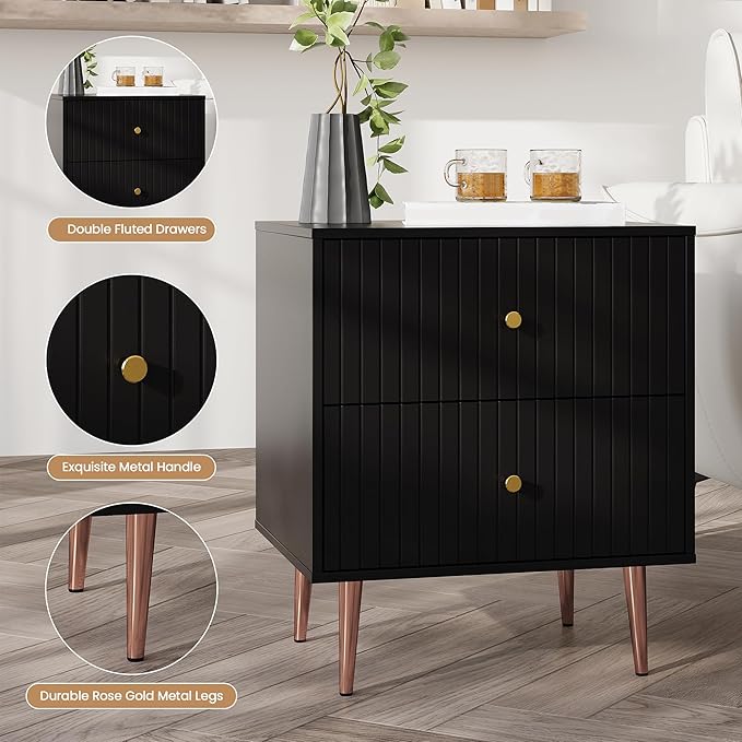 Black Night Stand Set 2,Modern Bedside Table with 2 Drawers Storage,Fluted Nightstand and Wood End Side Table with Rose Gold Metal Legs and Handles for Bedroom,Black