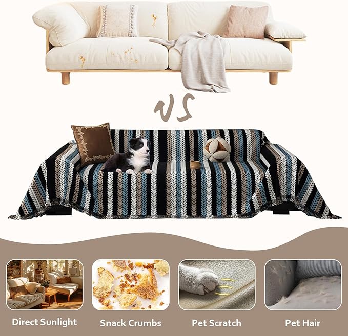 STACYPIK Boho Chenille Sofa Cover, Soft Jacquard Leaves Couch Cover, Non-Slip Loveseat Cover for Sectional Sofa, Washable Pet Protector for 3 Cushion Couch,Multi-use Vintage Throw Slipcover-71x134IN