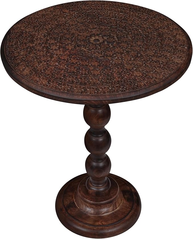 Side Tables Round – Small Drink Table for Small Spaces, Modern Accent Nightstand with Hand-Carved Top & Solid Wood Tables for Living Room, Bedroom, Office – Scorch Burnt Finish_18x22 Scorch Burnt