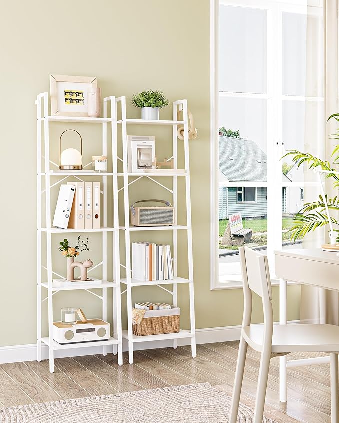 Ladder Shelf, Bookshelf Bookcase, Freestanding Corner Storage Shelve with 2 Hooks for Home Office, Living Room, Kitchen, Bedroom, Industrial, 5-Tier White BC19213W