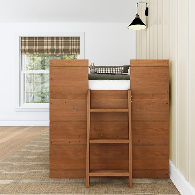 Max & Lily Modern Farmhouse Twin Low Loft Bed with Bookcase - Solid Wood, 15” Guardrails, 400-lb Capacity, Low-VOC Finish, Farmhouse Pecan