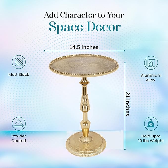 CLEENTABLE Gold Metal Pedestal Side Table - Round Aluminum Accent Table for Living Room, Small Drink Table for Sofa, Bedside or Entryway - Vintage Brass Finish, Modern Glam Décor