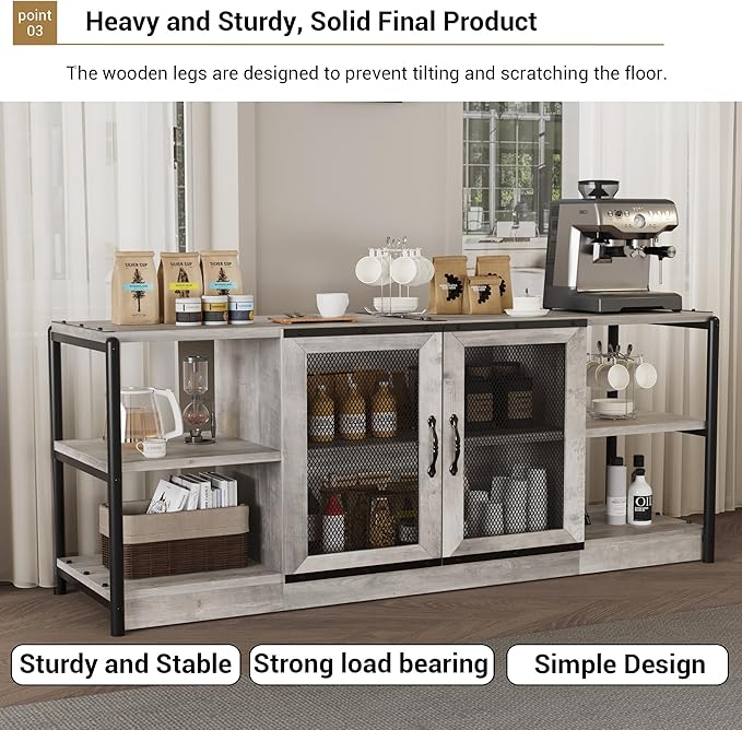 Farmhouse TV Stand for 65+ Inch TV, Industrial TV Cabinet, Entertainment Center with Double Mesh Doors and Storage Cabinet, Rustic TV Cabinet, TV Console Table Media Cabinet for Living Room, Grey