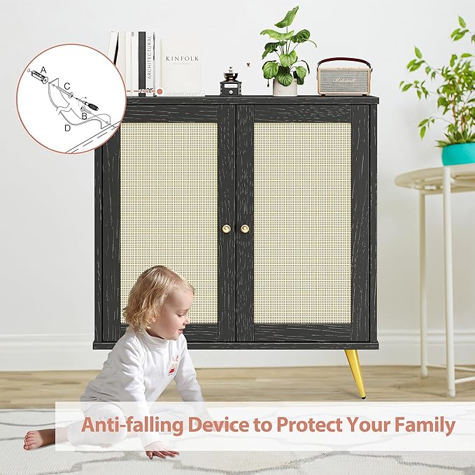 Shintenchi Rattan Buffet Cabinet with Storage, Sideboard Buffet Cabinet with Rattan Decor Doors, Modern Wood Cupboard for Kitchen Living Room Dining Room Hallway Entry,Black