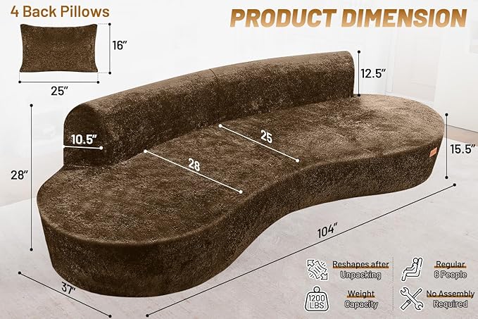 Homguava 104'' Modular Sectional Sofa,Curved Modern Sofa with Memory Foam,Deep Seat Cloud Couch with 4 Pillows,Upholstered Oversized Couches for Living Room Apartment Office,No Assembly Required,Brown