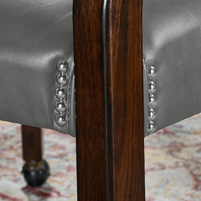LEEMTORIG Dining Chairs with Casters and Arms, Rolling Dining Chairs with Wheels, Game Poker Table Chairs, Solid Wood Boss Caption's Chairs Office Desk Chairs, Espresso Legs & Dark Grey, XXY-1910-DG