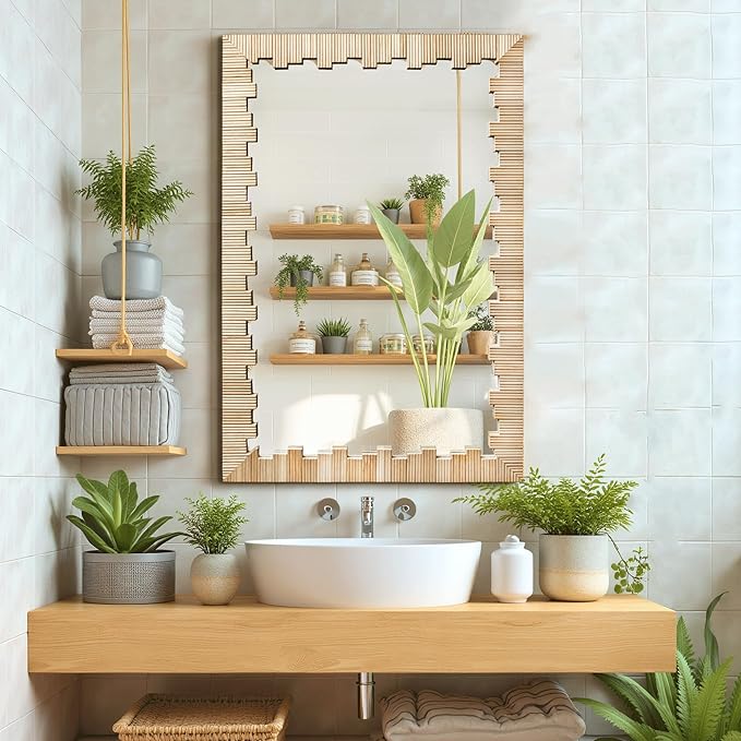 Boho Wall Mirror with Wood Frame, 36"x24" Faux Rattan Decorative Vanity Mirror for Bathroom, Living Room, Bedroom, Entryway(Rectangle)