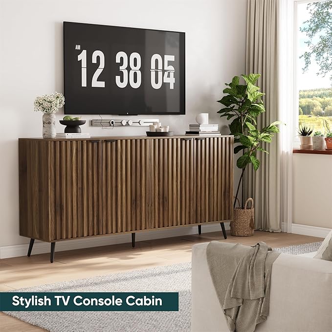 Semiocthome Walnut Buffet Cabinet with Storage, Large Sideboard Cabinet with 4 Fluted Doors and Metal Legs, Storage Cabinet with Adjustable Shelf, Accent Table for Living Room, Dining Room, Kitchen