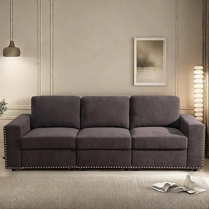 Sectional Couches for Living Room, 93″ Nail-Head Cloud Couches, Modern Comfy 3 Seater Sectional Sofa with Deep Seats for Bedroom, Office, Small Space, Brown