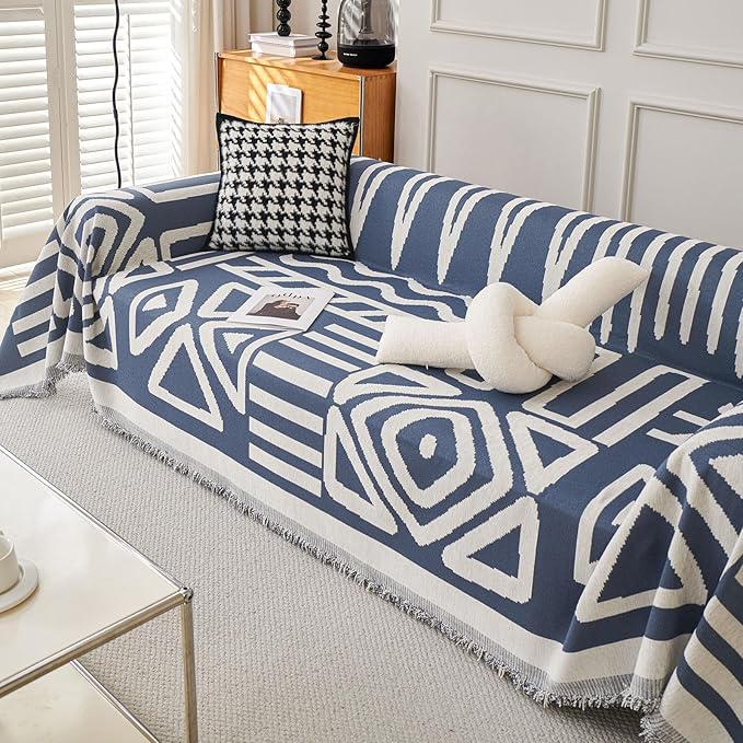 STACYPIK Reversible Boho Blue Beige Couch Cover for 2 Cushion Couch Sofa Cover for Dogs Anti-Scratch Furniture Protector Cover with Tassels for Pet Cat Non-Slip Loveseat Cover for Sectional-71X102IN