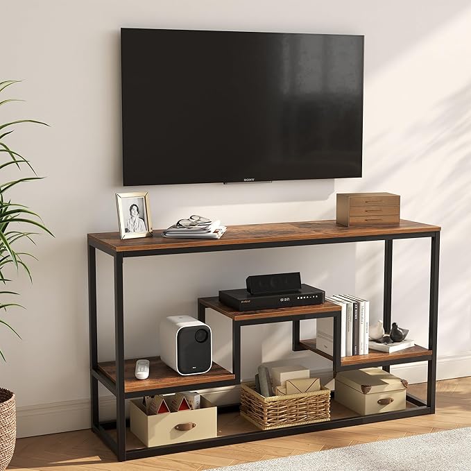 Tall TV Stand for TVs up to 55 Inch, TV Console Table with 3-Tier Open Storage Shelves, Modern Industrial Entertainment Center for Living Room, Bedroom，Rustic Brown