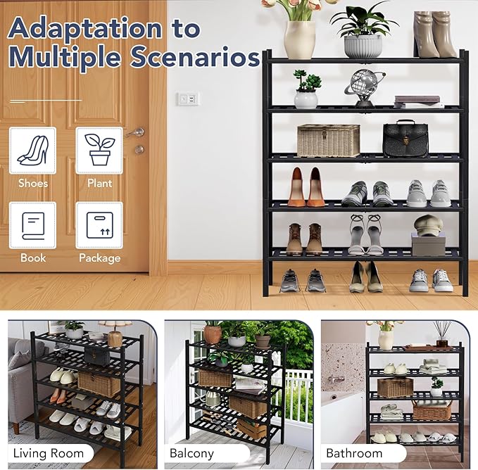 Haddockway 5 Tier Bamboo Shoe Rack Storage Organizer, Multifunctional Free Standing Stackable Shoe Shelf with Grid Panel for Closet,Hallway,Entryway,Small Space 27"x11"x32"(Black, 5 Tier)
