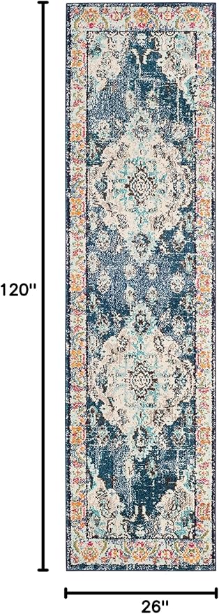 SAFAVIEH Monaco Collection Runner Rug - 2'2" x 10', Navy & Light Blue, Boho Chic Medallion Distressed Design, Non-Shedding & Easy Care, Ideal for High Traffic Areas in Living Room, Bedroom (MNC243N)