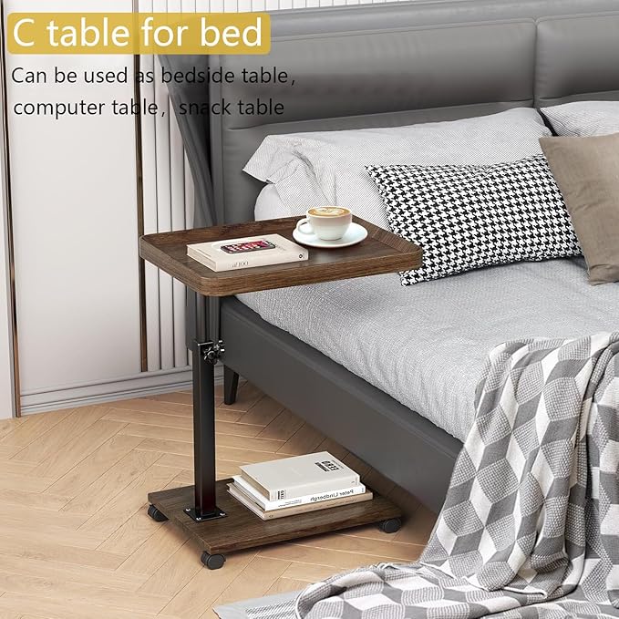 C Table End Table Adjustable Height, 360°Swivel TV Tray Table for Small Spaces, Couch Tables That Slide Under, C Shaped Side Tables with Wheels for Living Room and Bedroom, Bed