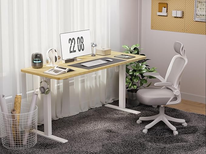 48x24 Inches Height Adjustable Electric Standing Desk with 2 Hooks for Home Office, Ergonomic Sit Stand up Desk with Splice Board, Oak