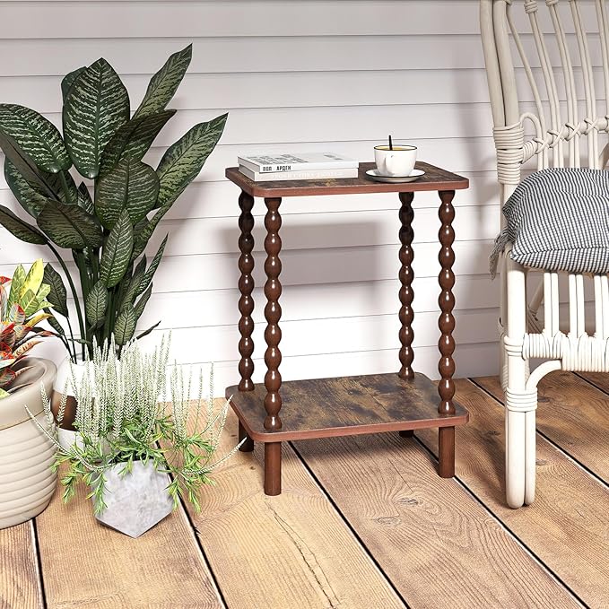 2-Tier End Table,Vintage Side Table,Solid Wood Bedside Table with Storage Rack,for Living Rooms, bedrooms, and Narrow Spaces (Rustic Brown)