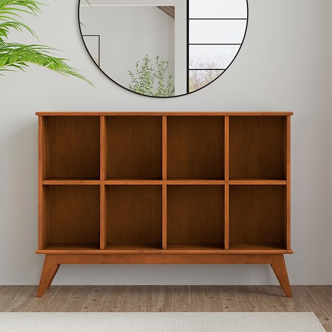 SIMPLIHOME Draper Console Table - 57 Inch Wide Solid Hardwood 8-Cube Sofa Table in Teak Brown, Mid-Century Modern Bookcase for Entryway or Living Room with 8 Open Storage Cubbies and Tapered Legs